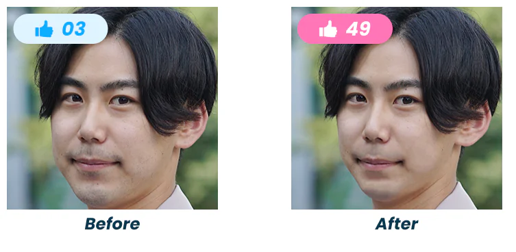 マッチングアプリ写真の小顔補正と青ひげ隠しのBefore/After比較。いいねが3件から48件に増加