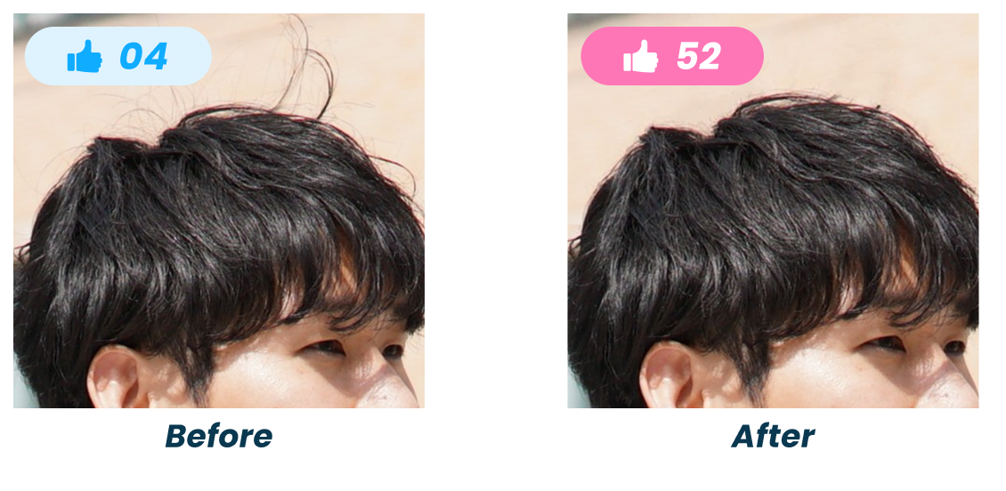 マッチングアプリ写真の崩れたヘアセット修正のBefore/After比較。いいねが4件から52件に増加