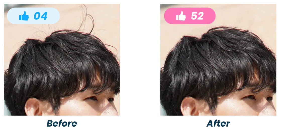 マッチングアプリ写真の崩れたヘアセット修正のBefore/After比較。いいねが4件から52件に増加