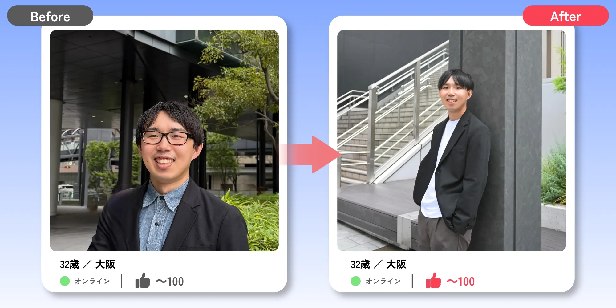 32歳男性のプロフィール写真Before/After比較。顔が近すぎる写真からスマートな距離感のプロ撮影写真へ
